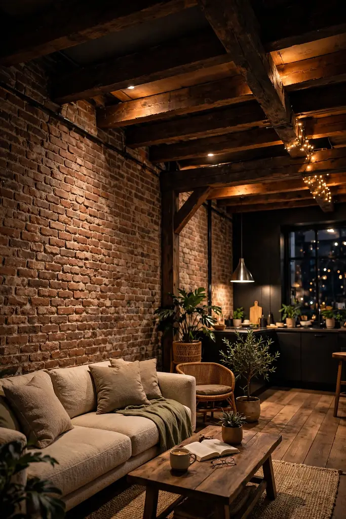 Loft living room with exposed brick walls and dark wood ceiling beams