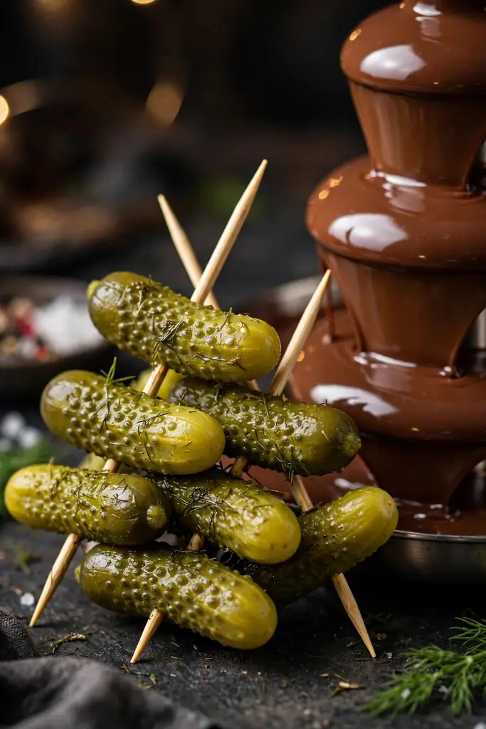 Pickle spears dipped in rich chocolate for a bold sweet and sour bite