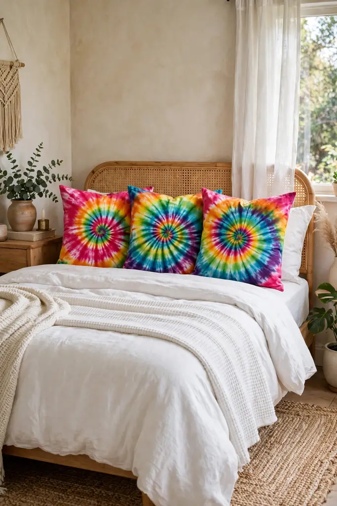 Bright tie dye throw pillows stacked on a crisp white bed