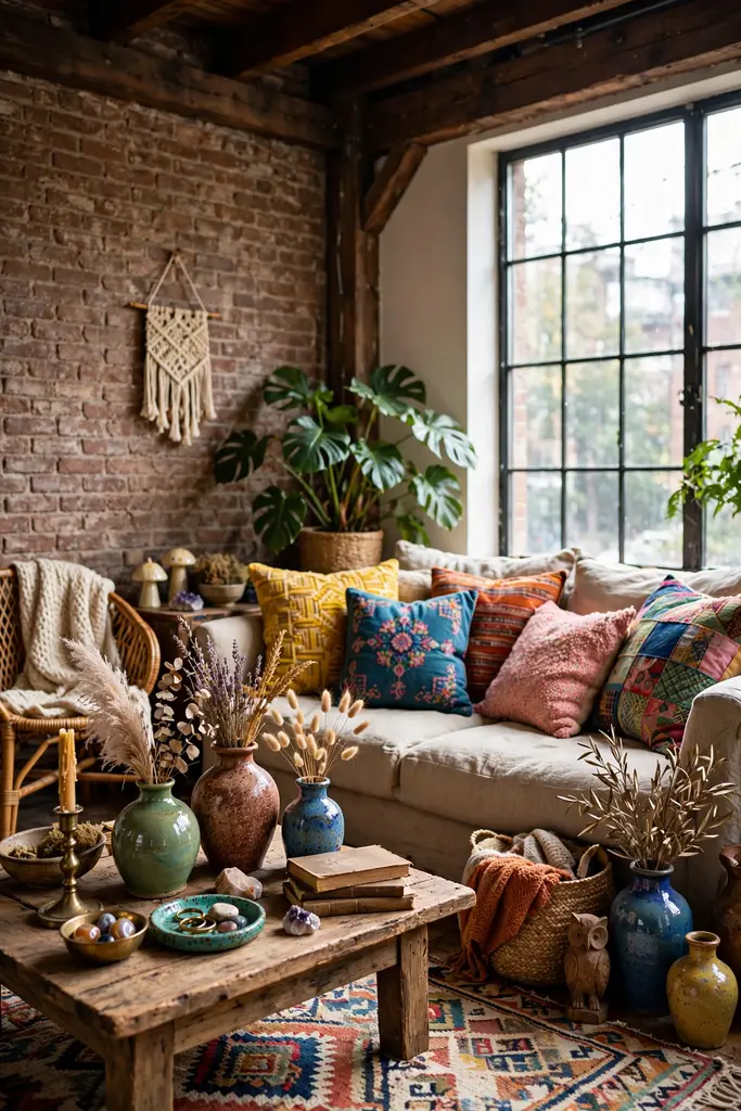 Loft sofa with colorful cushions and ceramic vases in front of a brick wall