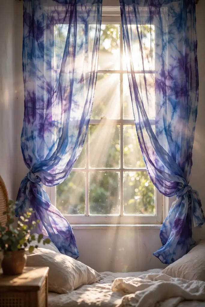 Sunlight shining through airy tie dye curtains in a bedroom