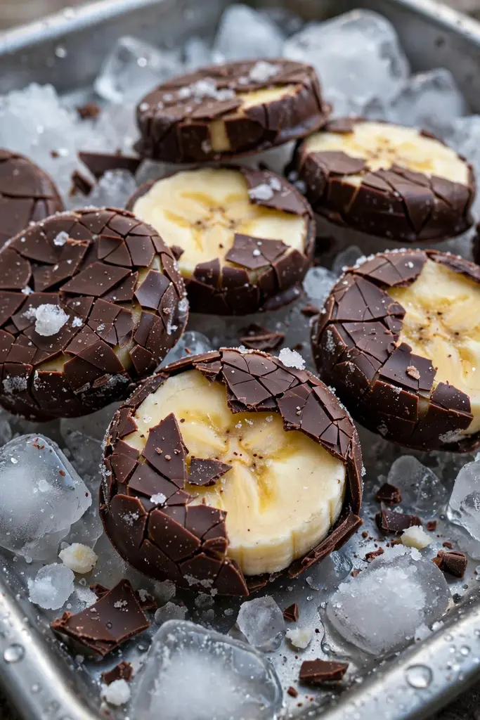 Frozen banana slices half dipped in chocolate with a set shell