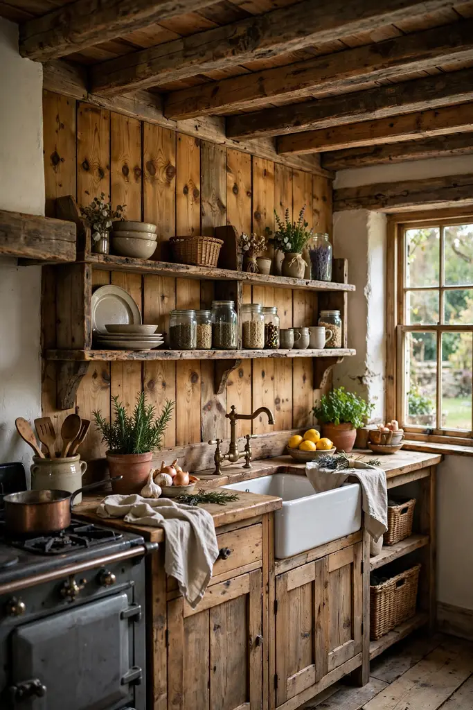 Cottage kitchen with exposed wooden beams and a knotty pine plank wall