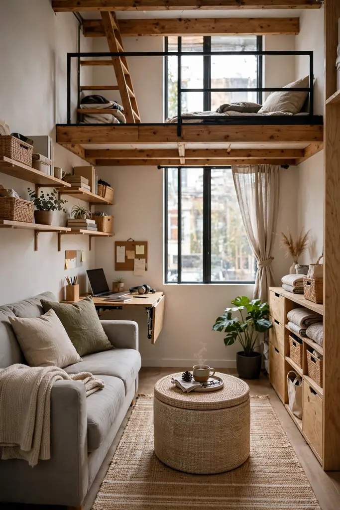 Loft mezzanine with a railing above a living area with built in shelves