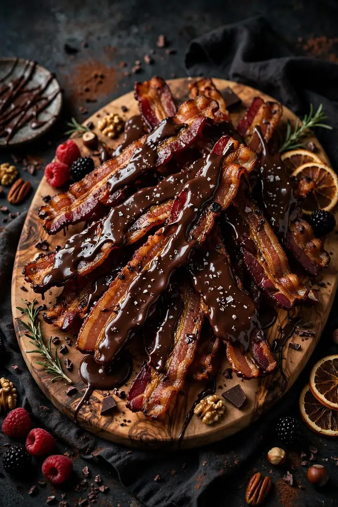 Crispy bacon strips coated in a chocolate glaze