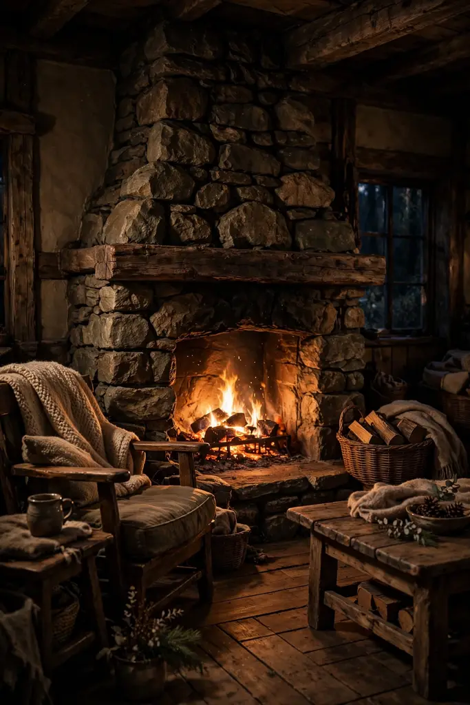Rugged stone fireplace glowing in a dim cottage living room