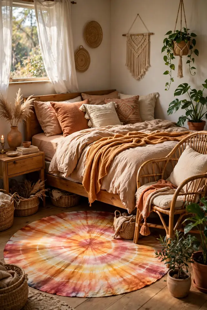 Round tie dye rug in sunset colors in a boho bedroom