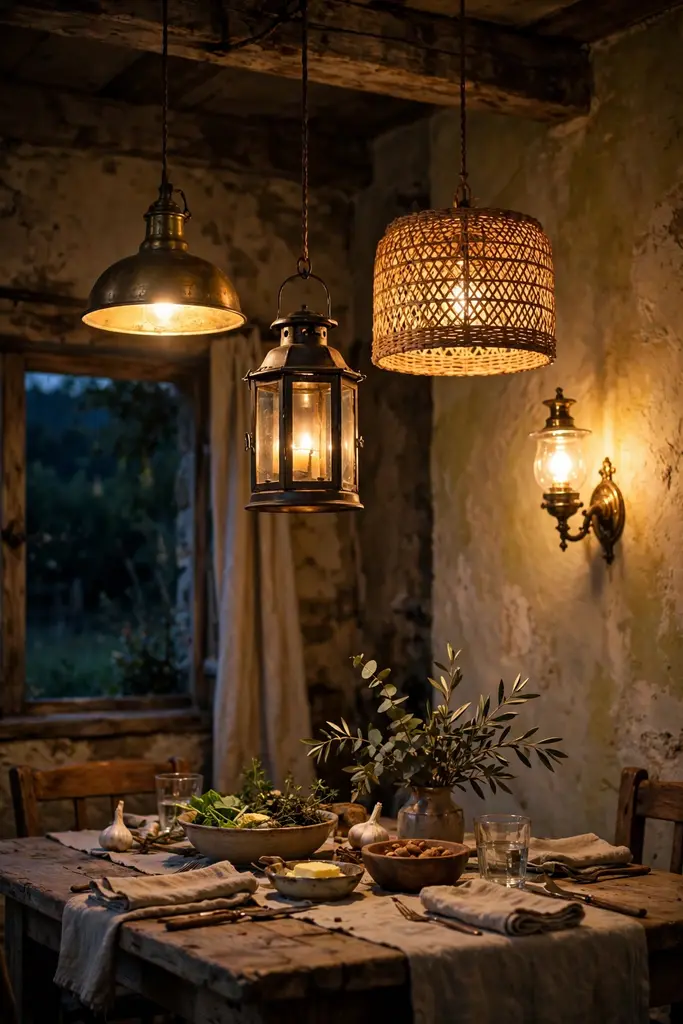Mismatched pendant lights and lanterns over a cottage dining table