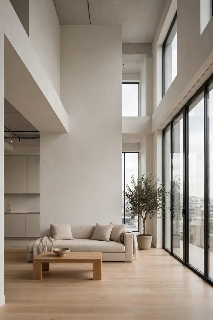 Bright white double height loft with minimal furniture and tall windows
