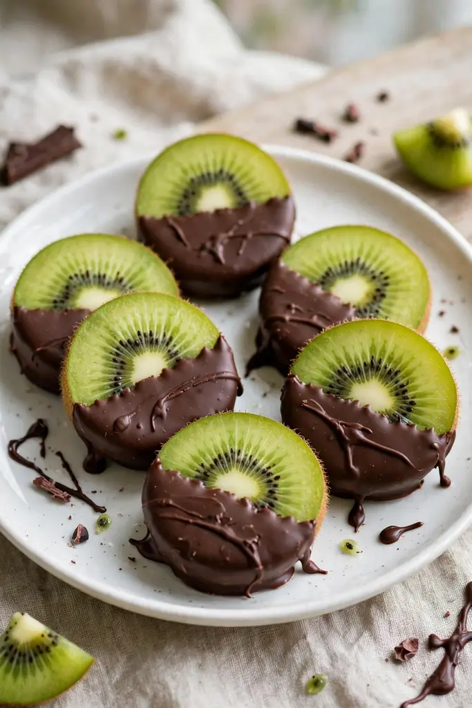 Bright green kiwi slices with a glossy chocolate coating