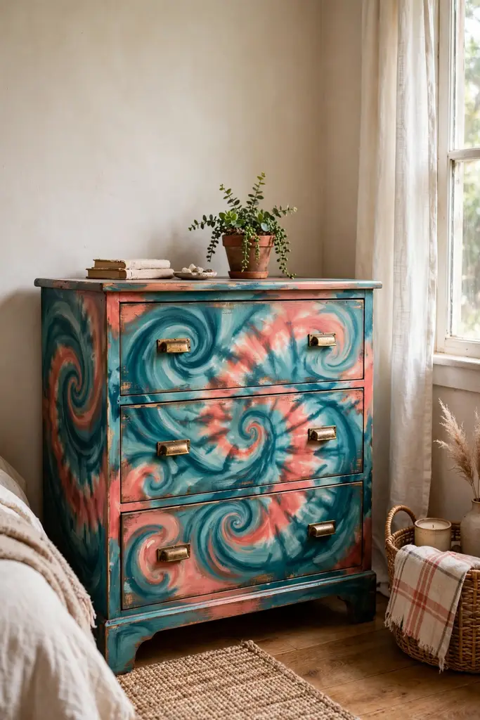 Wooden dresser hand painted in swirling teal and coral tie dye colors