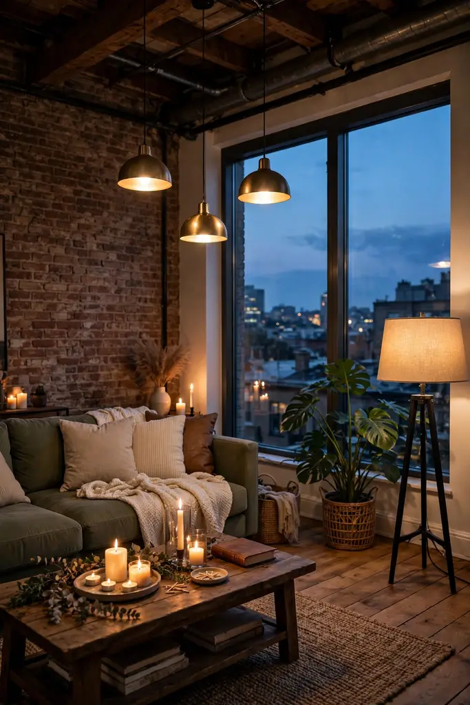 Loft at dusk lit by pendant lights, a floor lamp and candles