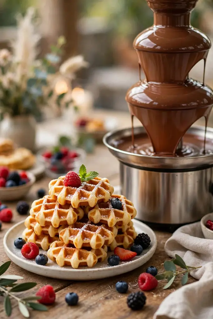 Golden mini waffles stacked beside a flowing chocolate fountain