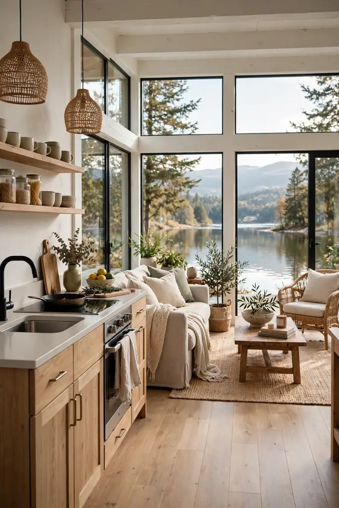Open plan cottage interior flowing from kitchen to lake facing windows