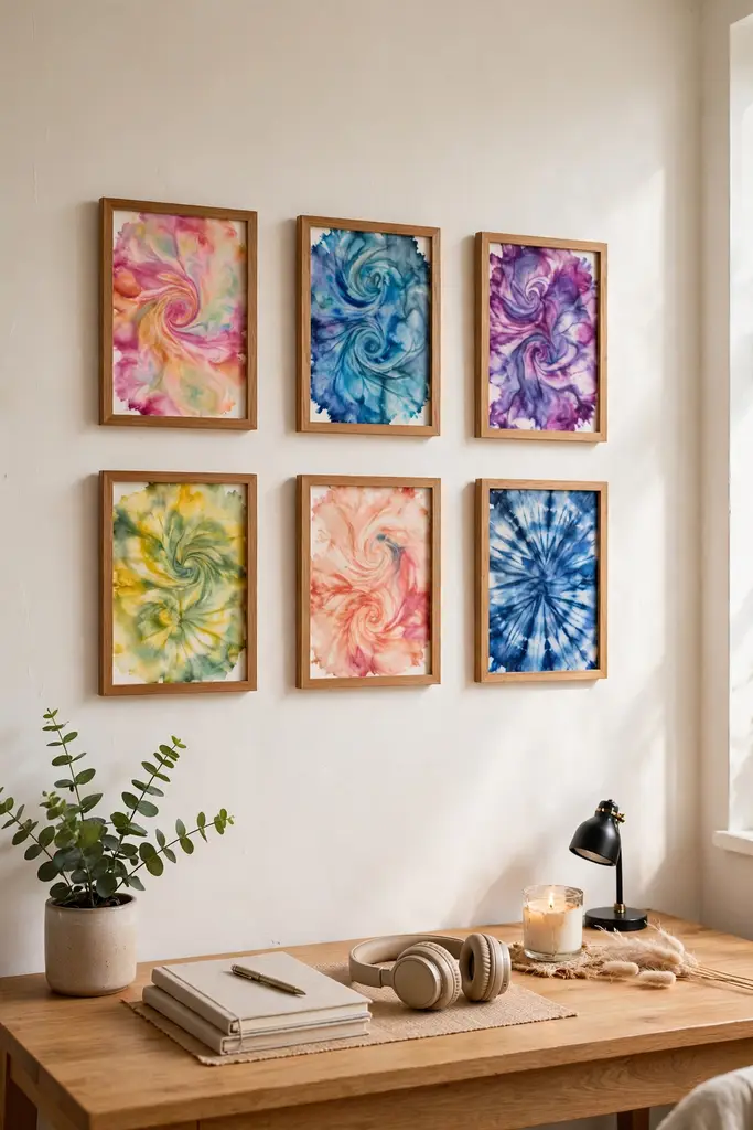 Gallery wall of small framed tie dye prints above a bedroom desk