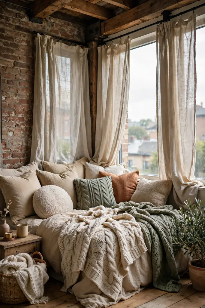 Loft bed with chunky knit throws, cushions and linen curtains