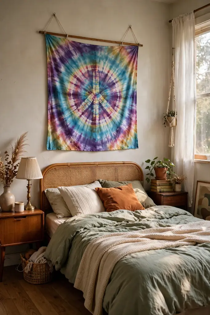 Tie dye peace sign tapestry hanging on a bedroom wall