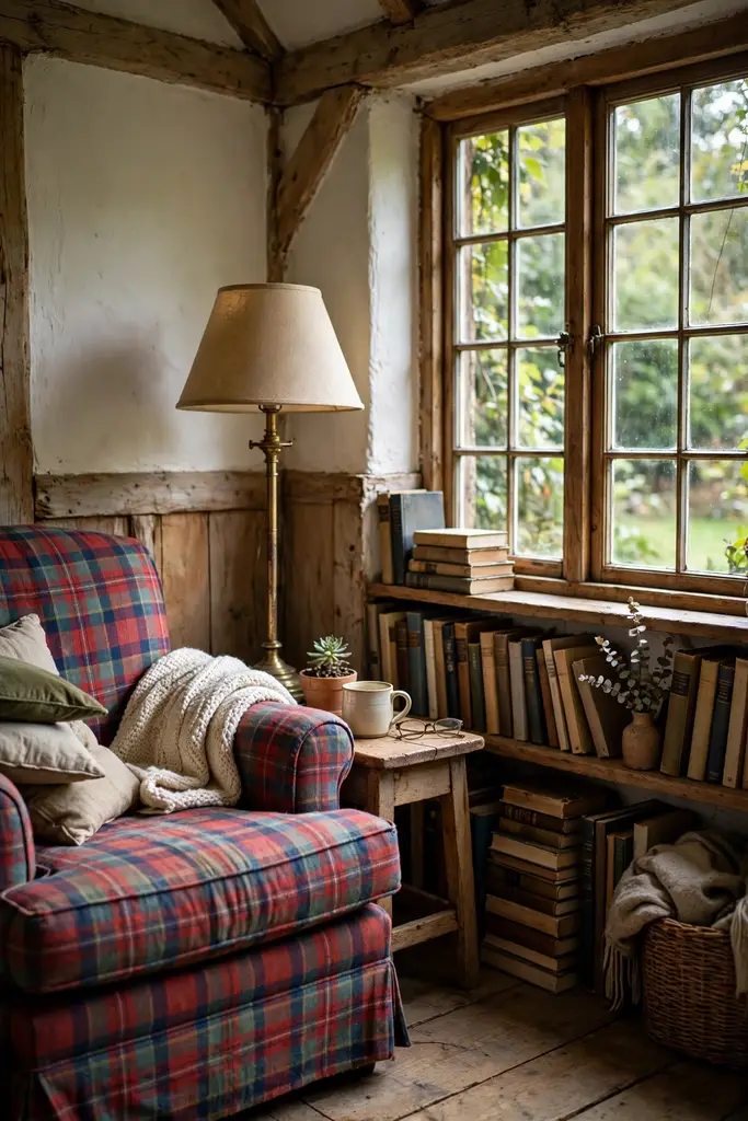 Corner reading nook with a plaid armchair, lamp and stack of books