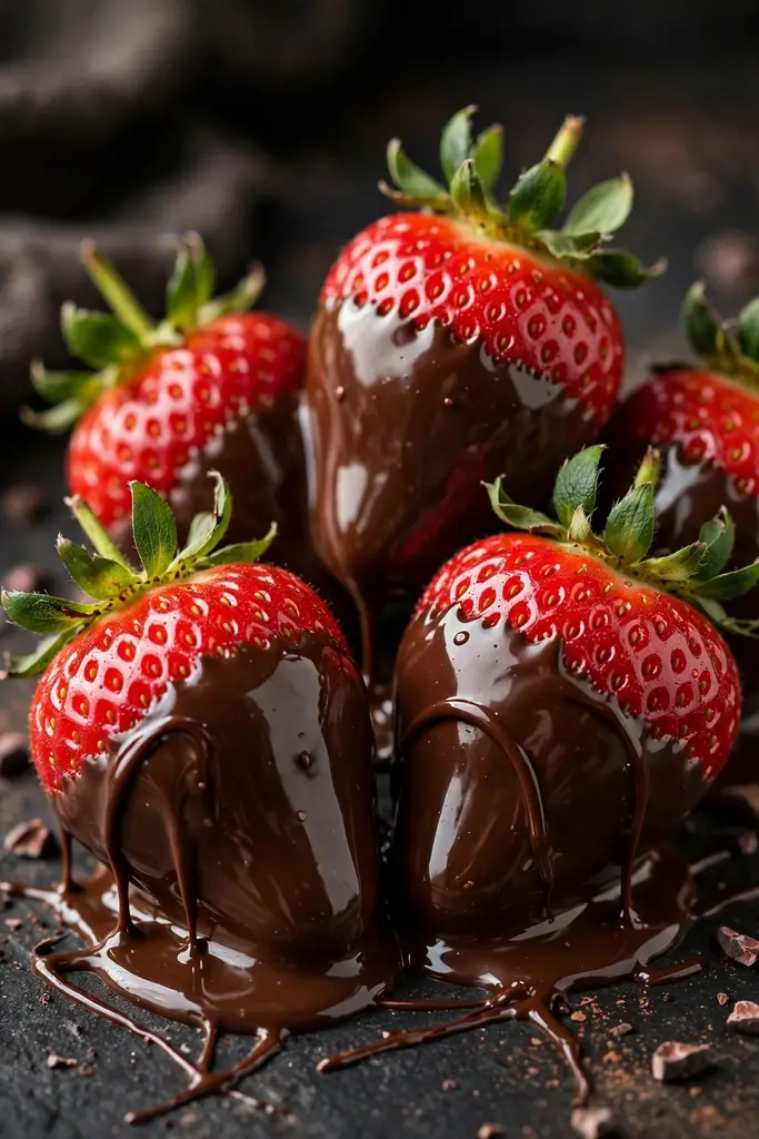 Ripe strawberries dipped in chocolate with green stems on