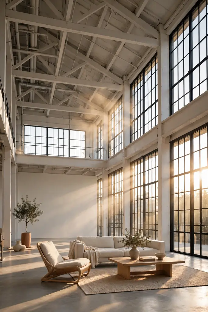 Large loft with tall steel windows, white roof trusses and sparse furniture