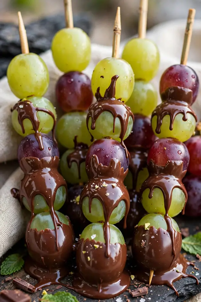 Fresh grapes on skewers dipped in velvety chocolate