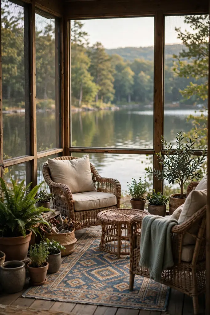 Screened porch with wicker chairs and a rug facing calm lake water