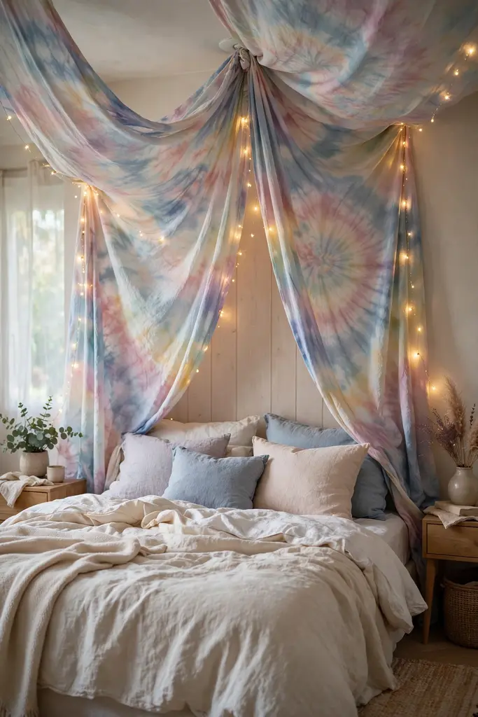 Pastel tie dye canopy draped over a bed with soft fairy lights