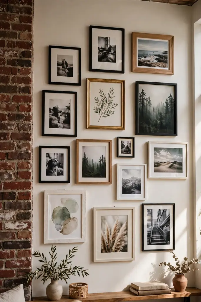Gallery wall of black and white framed prints on a white loft wall
