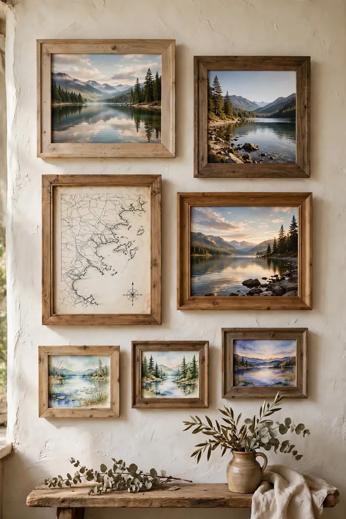 Cottage gallery wall of framed lake photos, a shoreline map and watercolors