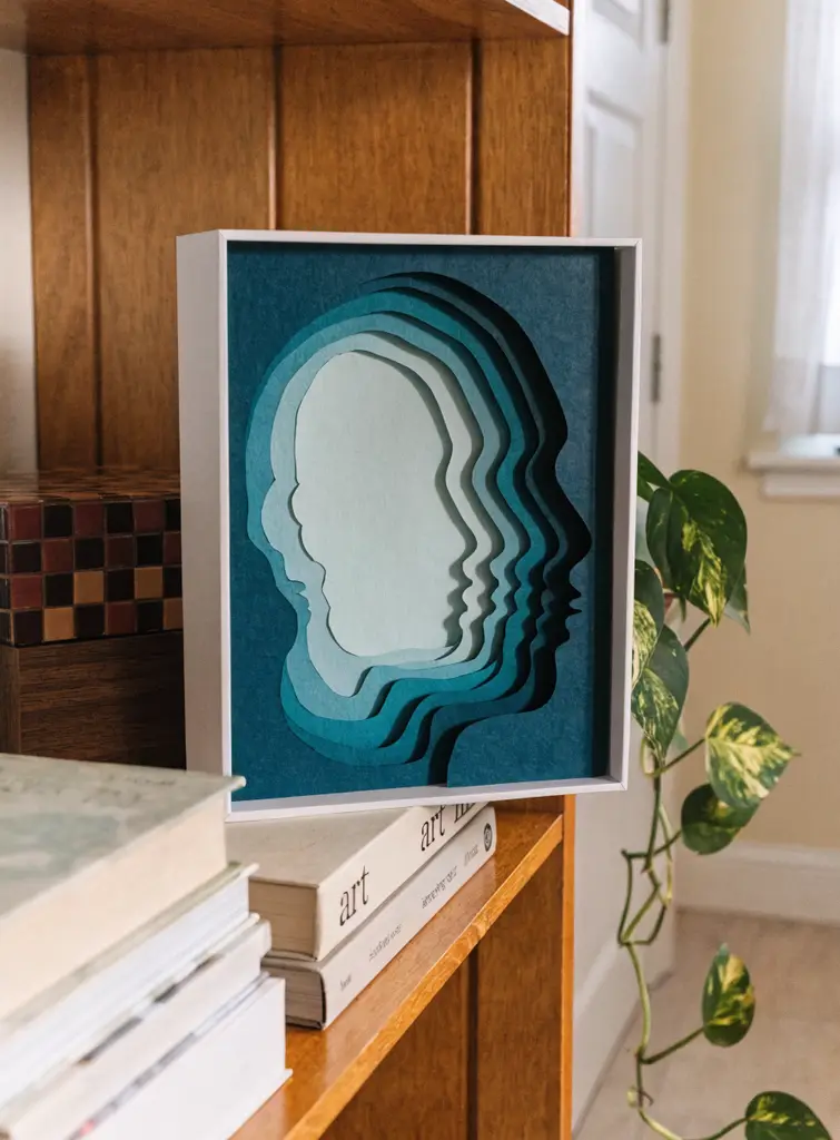 Layered paper 3D self portrait of a side profile in teal to mint shades inside a white box frame on a bookshelf