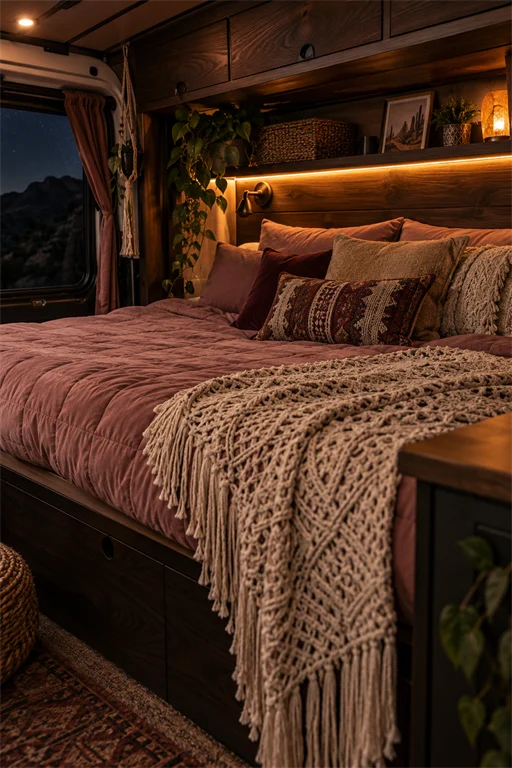 Boho campervan bed with a mauve velvet quilt, kilim pillows, and a long-fringed macrame throw