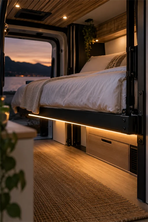 Modern white campervan bed on a black steel frame with an LED strip glowing underneath at sunset