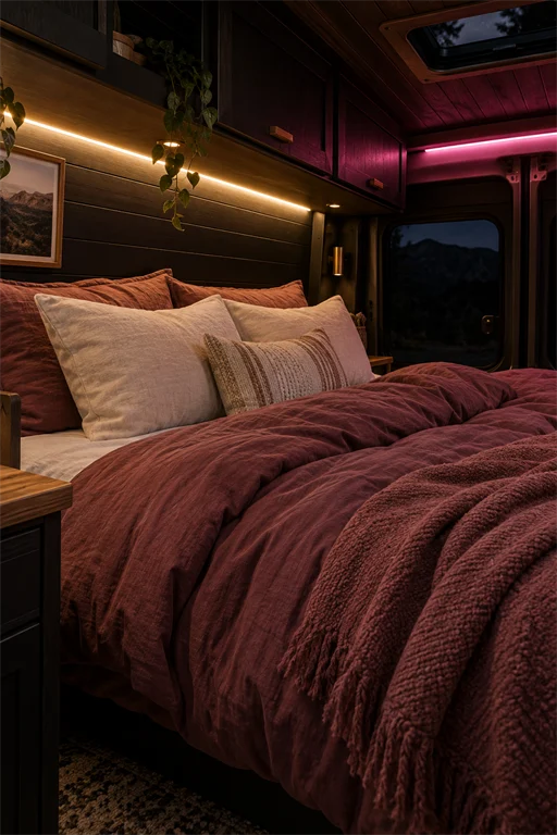 Deep burgundy campervan bedding under a warm LED strip and a pink accent light at night