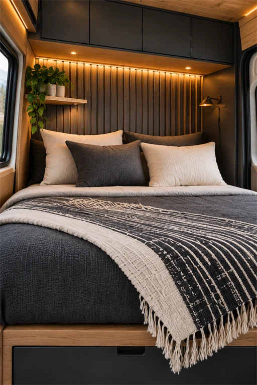 Charcoal grey campervan bed with a backlit slatted wood headboard and brass sconce