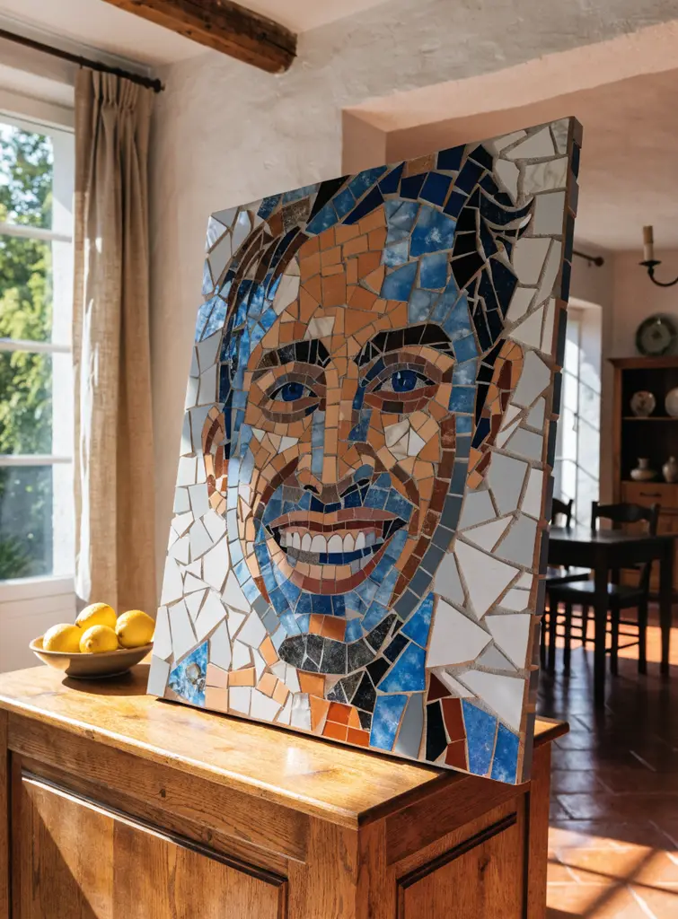 Broken tile mosaic 3D self portrait of a smiling man in cobalt blue and terracotta on a dining room sideboard
