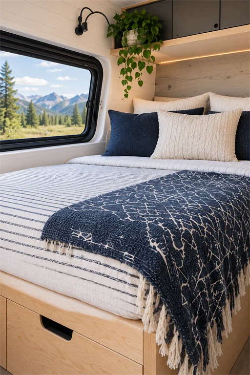 Campervan bed with striped bedding and a navy diamond-pattern throw beside a mountain meadow window