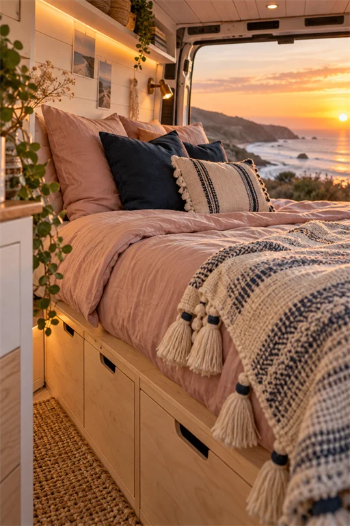 Blush pink and navy campervan bed with a rear door open to a coastal sunset over the ocean
