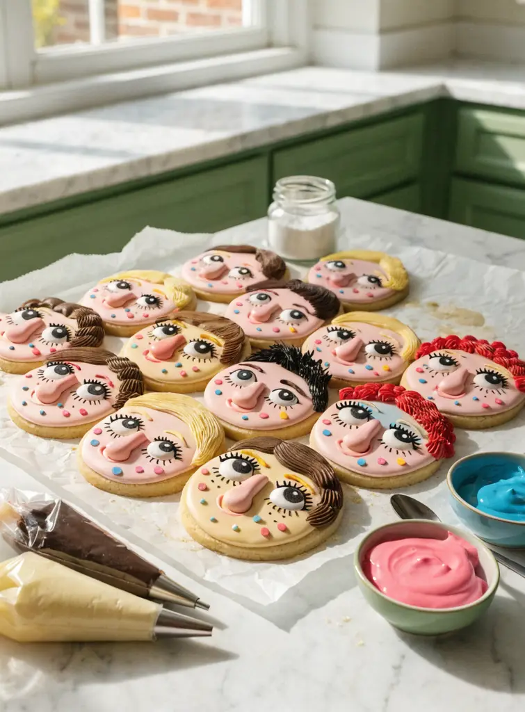 Sugar cookies decorated as 3D self portrait faces with piped royal icing hair on a marble counter