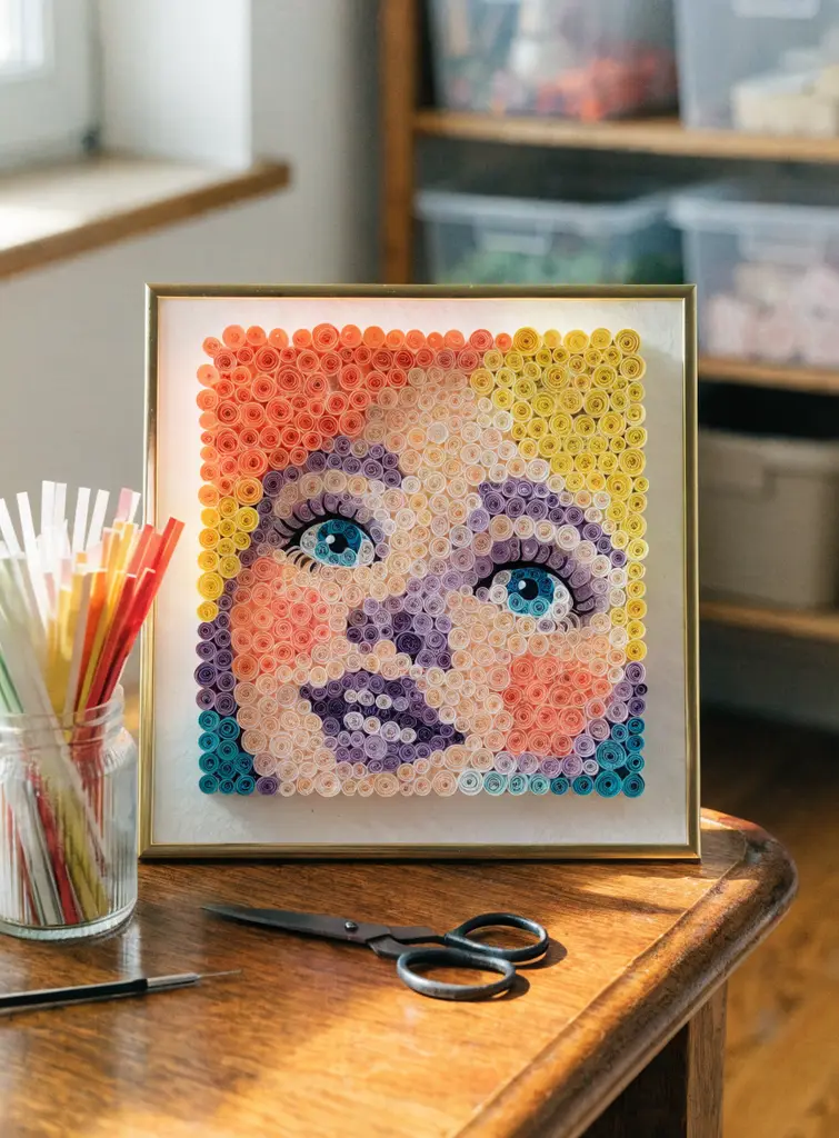 Colorful quilled paper 3D self portrait in a gold frame on a craft room desk with quilling strips