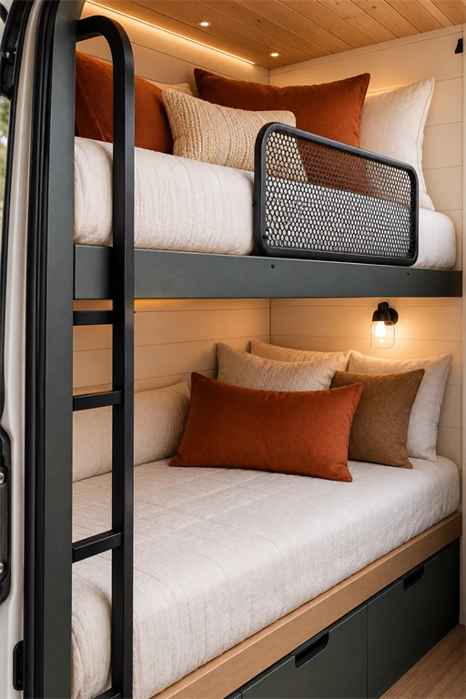 Camper van twin bunk beds with cream quilted bedding, rust pillows, and a black metal ladder