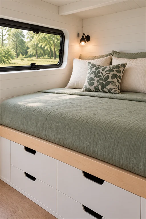 Sage green campervan bed on a light wood frame with white under-bed storage drawers