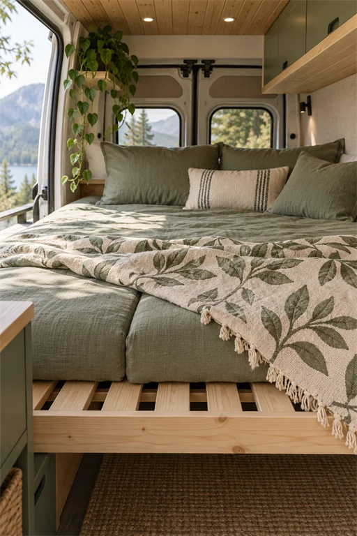 Sage green campervan bed with a leaf-print throw and side doors open to an alpine lake and pines