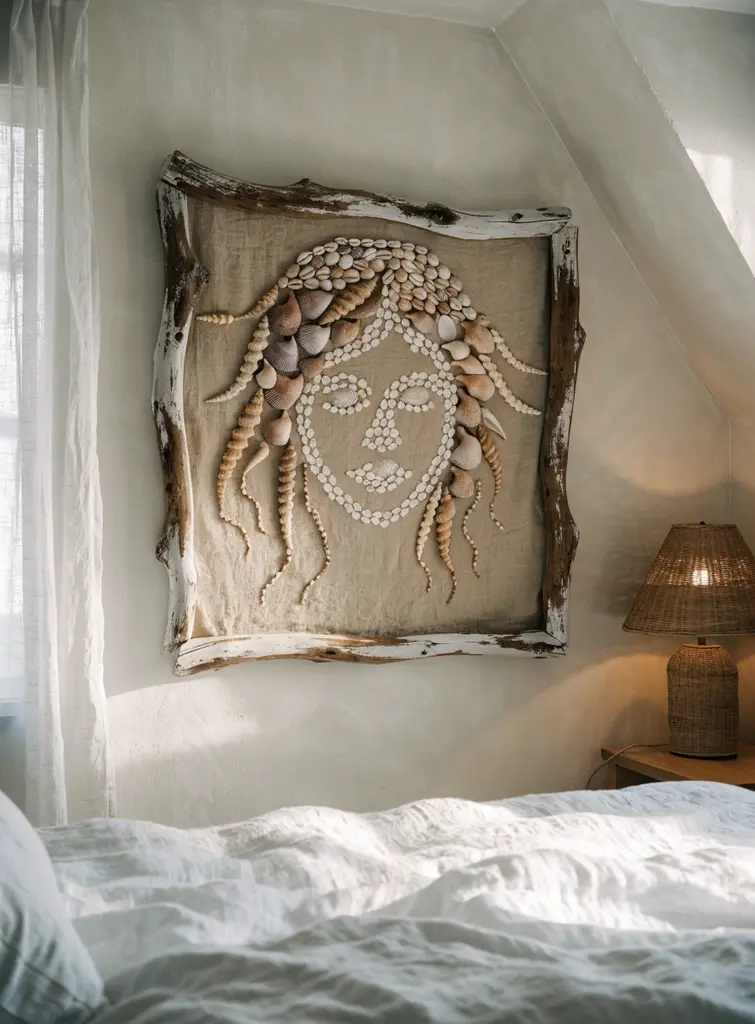 Seashell 3D self portrait on linen in a driftwood frame above a bed in a coastal bedroom