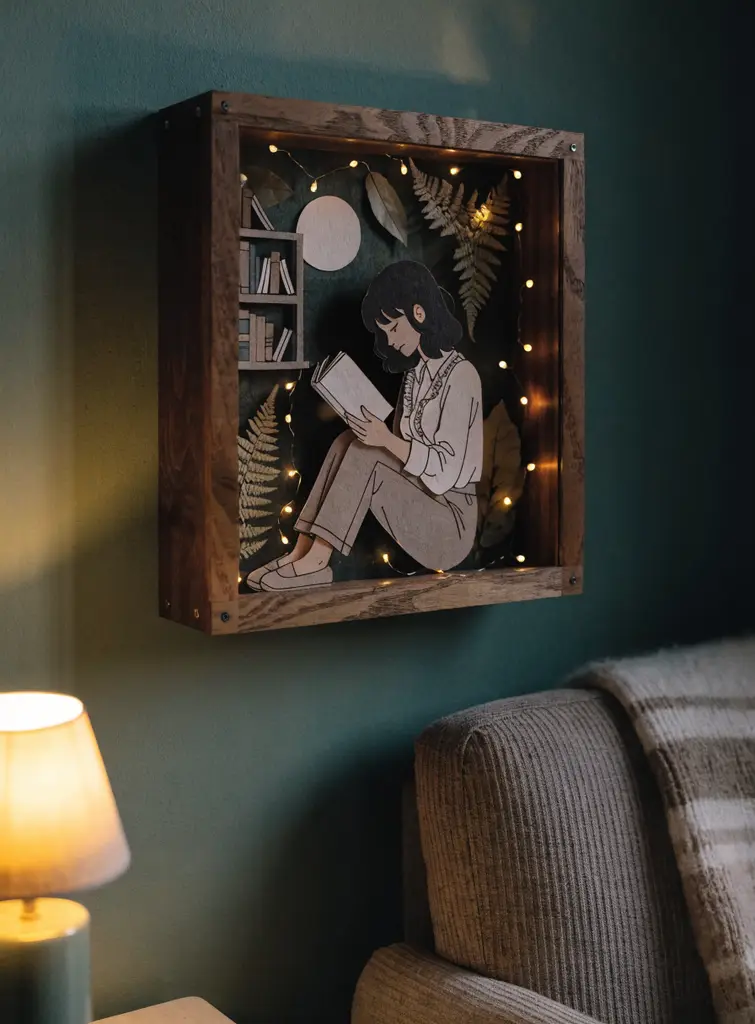 Wooden shadow box 3D self portrait of a girl reading with fairy lights and ferns on a dark green wall