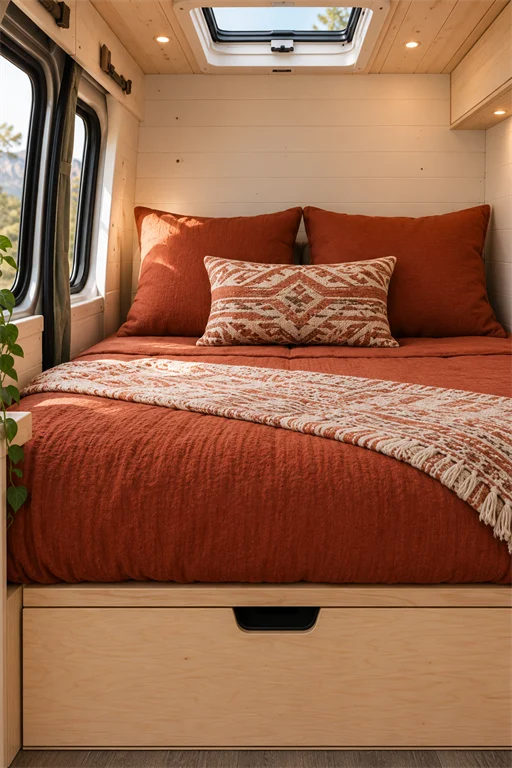 Terracotta quilted campervan bedding with an aztec pattern accent pillow under a skylight