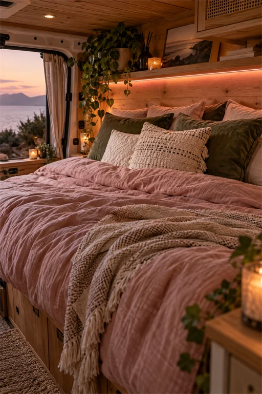 Dusty mauve campervan bed with olive velvet cushions, a lit oak shelf, and a sea sunset outside