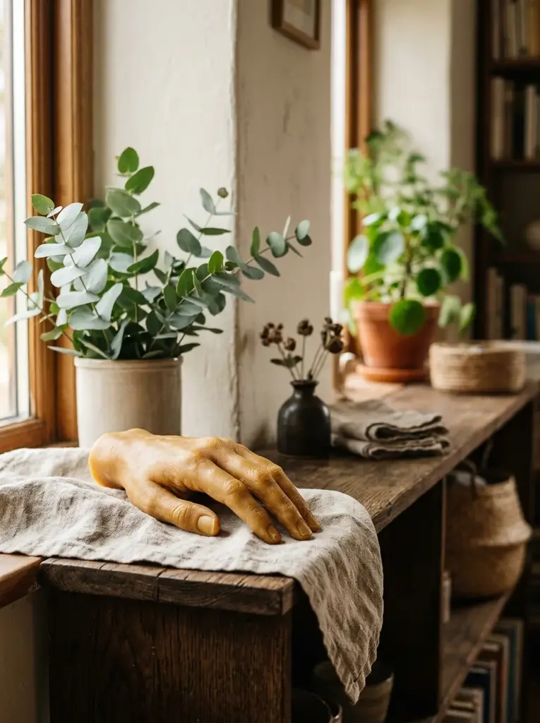 Honey colored beeswax hand resting on linen on a rustic wooden shelf with eucalyptus