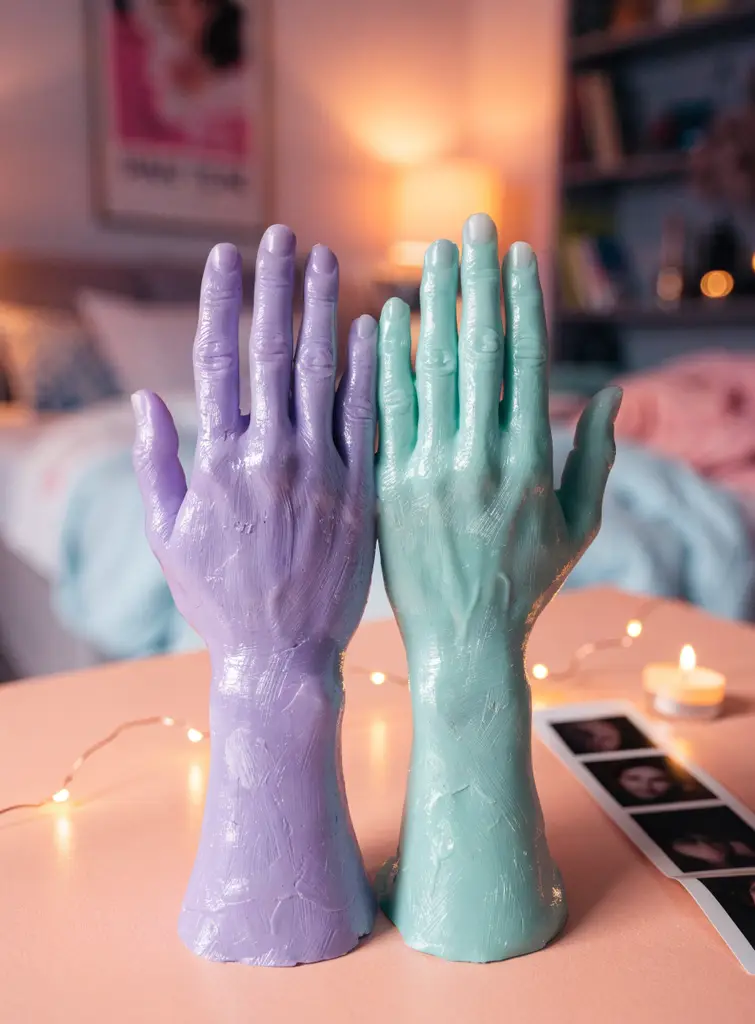 Matching lavender and mint best friend wax hands on a pastel desk with fairy lights and photo strip
