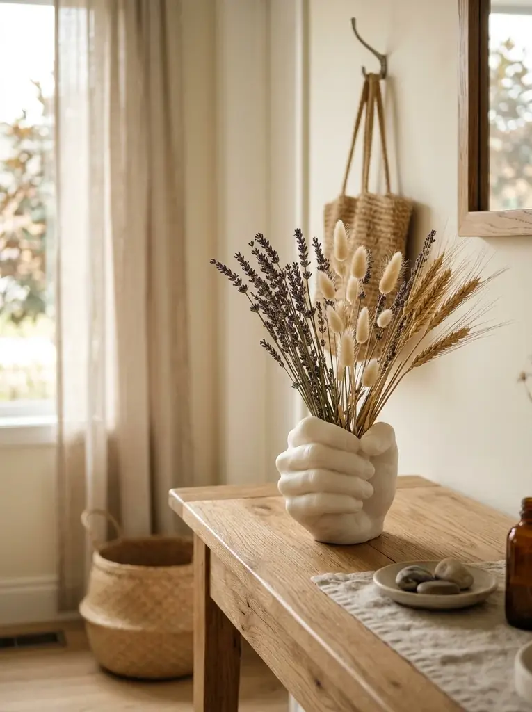 White wax hand bud vase holding dried lavender, bunny tails and wheat on a wooden entry table