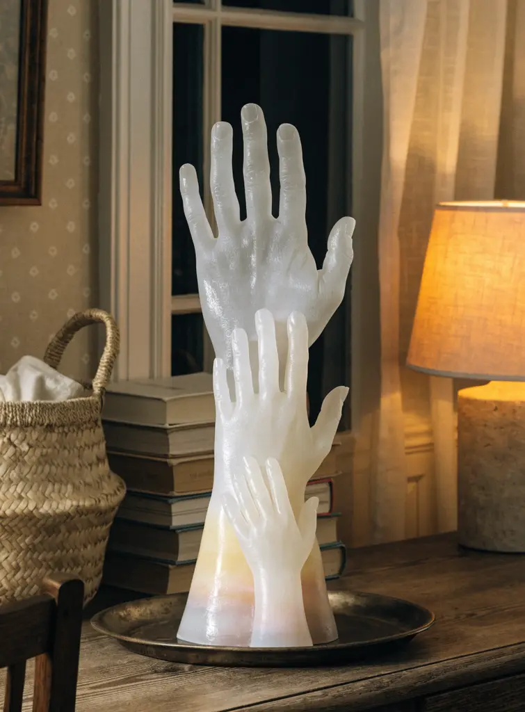 Family wax hand sculpture with three stacked hands of different sizes on a farmhouse console table